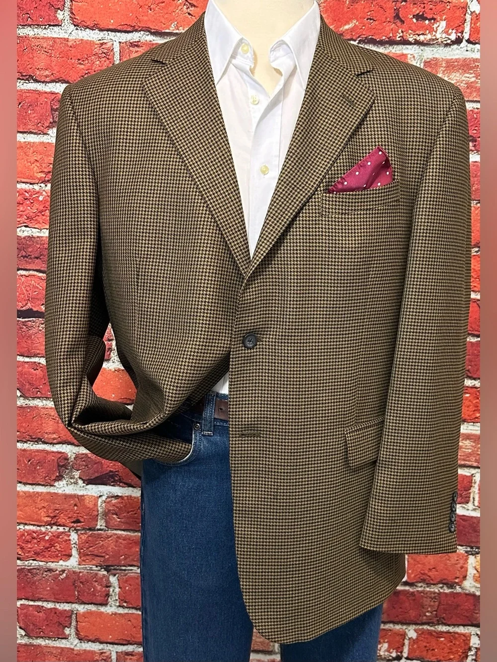 OSCAR DE LA RENTA MENS BLAZER SZ 48 BROWN HOUNDSTOOTH CHECK SPORT COAT JACKET